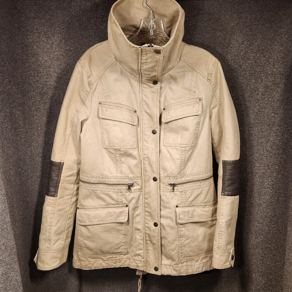 BNCI Tan Brown Canvas Utility Jacket Faux Leather Neutral Pockets Womens Large L